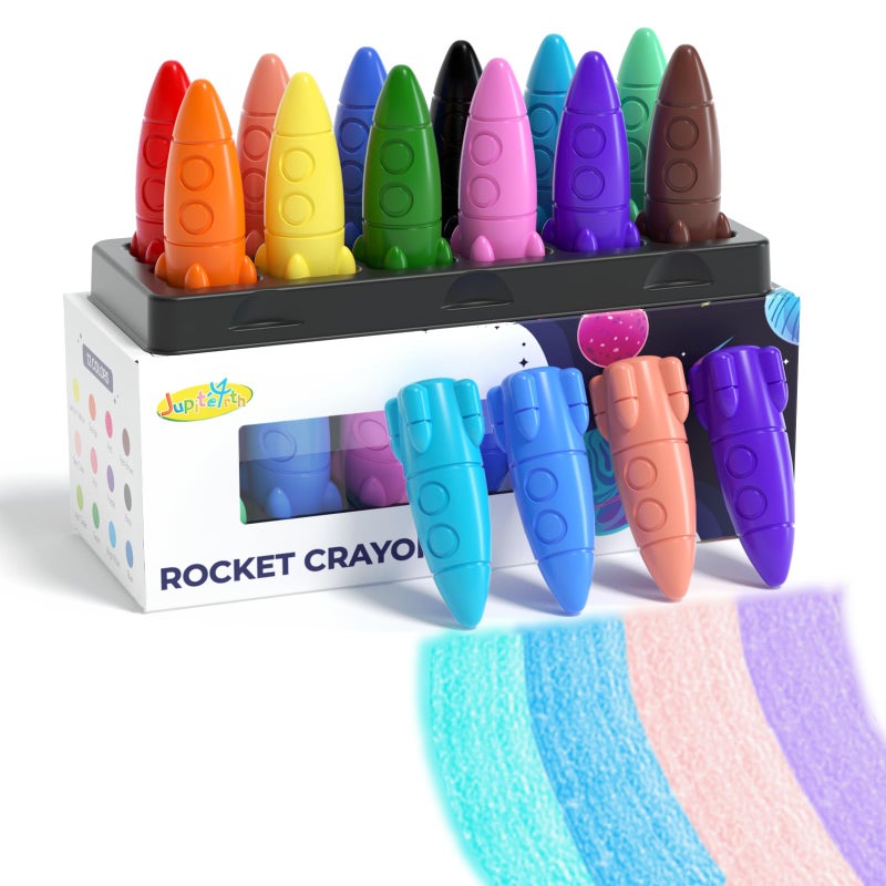 JUPITEARTH 12 Rocket Crayons  Non Toxic Washable Toddler Crayons  Rocket Crayons with Easy-to-hold for Toddlers  Crayons for Kids Art&School Supplies Toddlers - Image 1